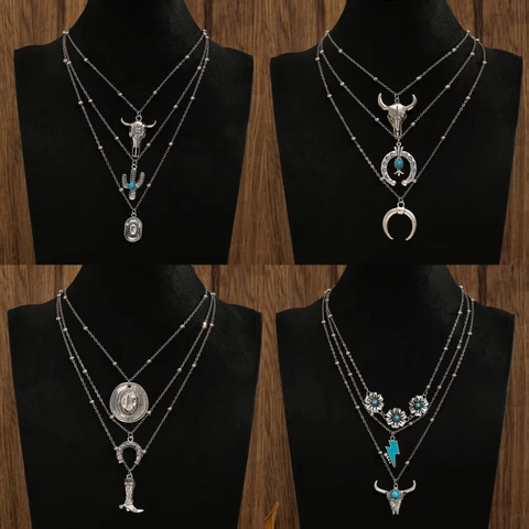 Western Cowboy Bohemian Multi Layer Pendant Necklace Set Zinc Alloy Bull Head Cactus Hat Boots Turquoise Charm Jewelry For Women