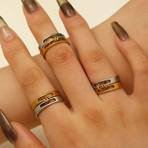 304 Stainless Steel Two-Tone Interlocking Hollow Ring Modern Geometric Double Layer Stacking Spinner Ring For Women Men Jewelry
