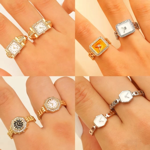 Vintage Creatieve Horloge Wijzerplaat Vorm Open Ring Voor Vrouwen Koper Goud Zilver Verguld Strass Wijzer Vingerring Feest Mode Sieraden