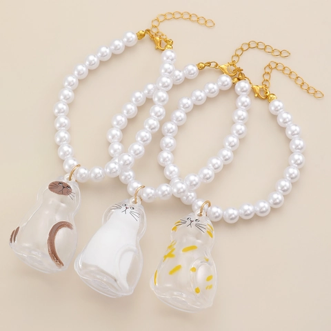 Haustier Haar Gedenk Kapsel Anhänger Imitationsperle Halskette Verstellbare Goldkette Katzenform Gedenkschmuck Für Damen
