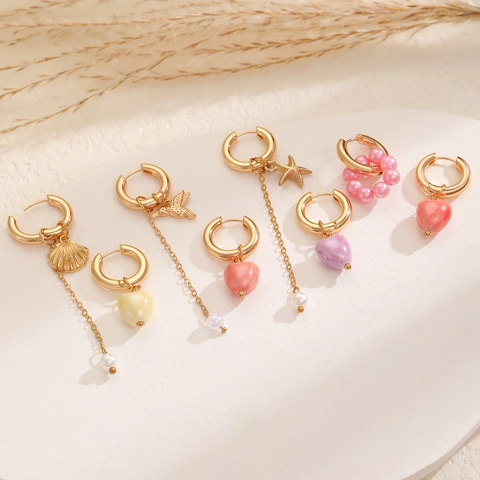 Fashion Asymmetric Gold Hoop Earrings For Women Zinc Alloy Imitation Artificial Pearl Beaded Shell Sea Star Bird Heart Long Tassel Dangle Earrings Jewelry