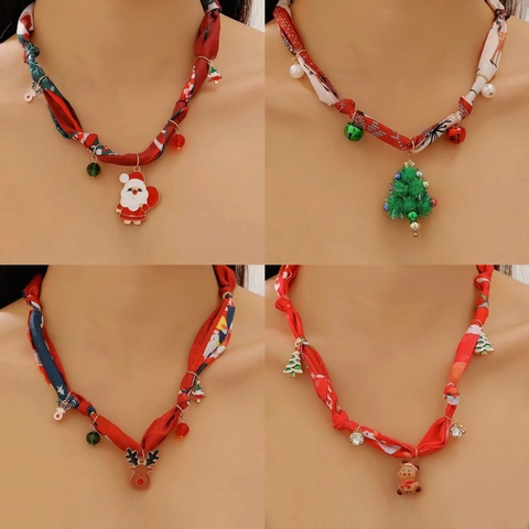 Collier Ruban Thème de Noël Avec Pendentif Père Noël Élan Sapin de Noël Alliage de Zinc Satin Bijoux Festifs Femme