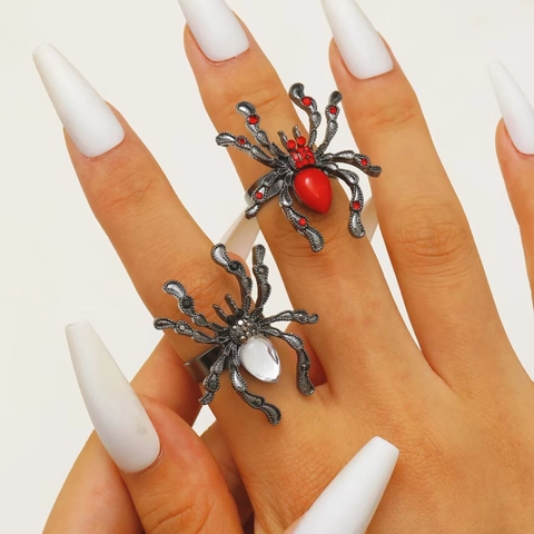 Gothic Halloween Spider Open Ring For Women Men Zinc Alloy Red Rhinestone Adjustable Finger Ring Punk Jewelry Party Gift