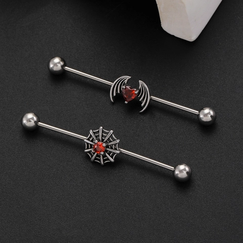 Stainless Steel Gothic Halloween Industrial Barbell Earrings For Women Spider Web Bat Wing Rhinestone Sword Snake Jewelry
