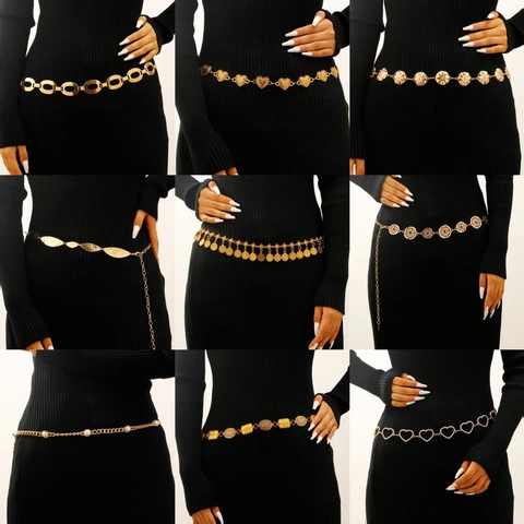 Retro Ethnic Alloy Metal Waist Chain For Women Boho Geometric Tassel Belt For Dress Belly Dance Rhinestone Pearl Body Jewelry