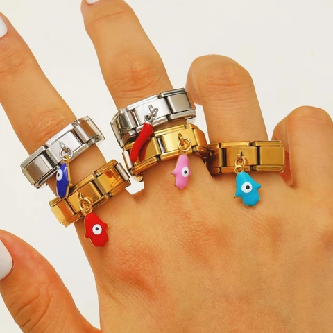 Edelstahl Böser Blick Hand Der Fatima Ring Italienisches Modulares Gliederarmband Gold Silber Emaille Anhänger Schmuck