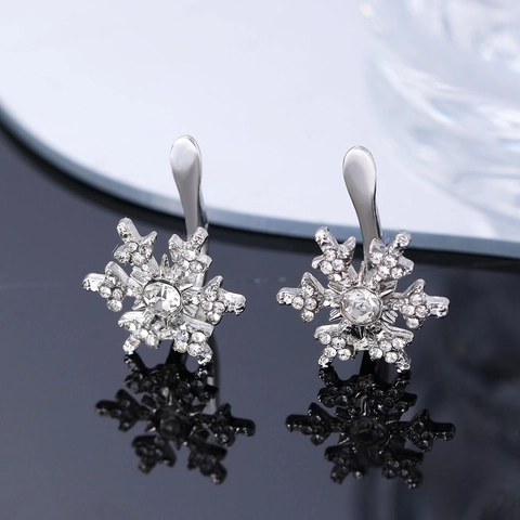 Moda Pendientes de Aleación de Copo de Nieve con Strass Clips de Oreja de Navidad para Mujer Joyas de Invierno Plata Oro