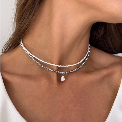 Fashion Y2K Double Layer Heart Pendant Necklace For Women Alloy Metal Beads Resin Rhinestone Choker Clavicle Chain Jewelry