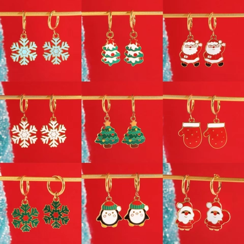 Roestvrijstalen Kerst Hangende Oorbellen Feestelijke Kerstman Kerstboom Sneeuwvlok Pinguïn Emaille Creolen Sieraden Voor Dames Kerstcadeau