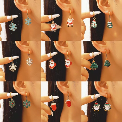 Roestvrijstalen Kerst Hangende Oorbellen Feestelijke Kerstman Kerstboom Sneeuwvlok Pinguïn Emaille Creolen Sieraden Voor Dames Kerstcadeau