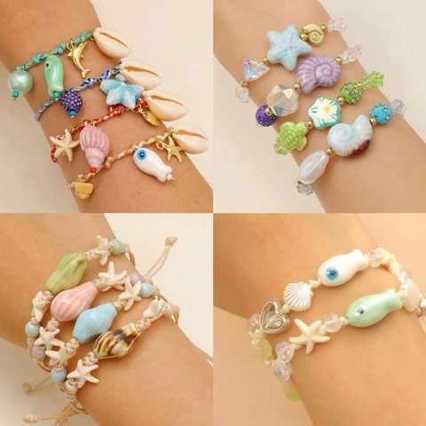 Handmade Ocean Theme Ceramic Starfish Shell Charm Braided Bracelet For Women Summer Beach Vacation Adjustable Wax Cord Jewelry Accessory