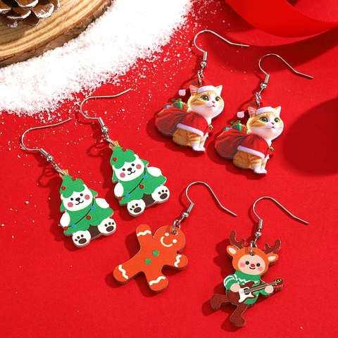 Christmas Cartoon Animal Wooden Drop Earrings Cute Cat Polar Bear Gingerbread Man Festive Party Jewelry For Women Girls