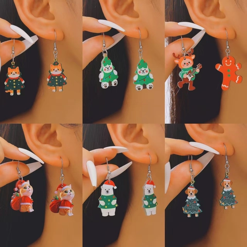 Christmas Cartoon Animal Wooden Drop Earrings Cute Cat Polar Bear Gingerbread Man Festive Party Jewelry For Women Girls
