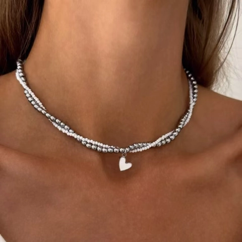 Fashion Y2K Double Layer Heart Pendant Necklace For Women Alloy Metal Beads Resin Rhinestone Choker Clavicle Chain Jewelry