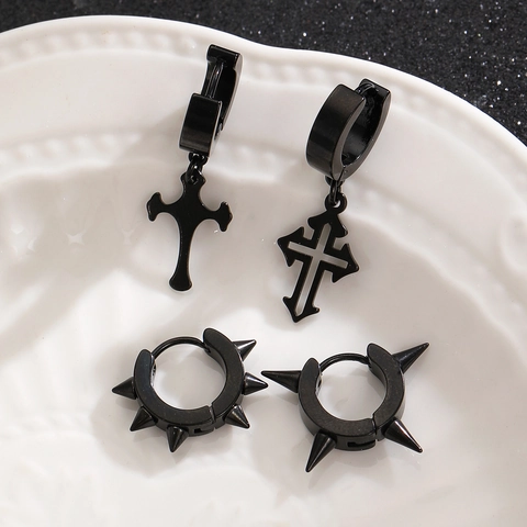 Punk Stainless Steel Spike Rivet Earring Set Gothic Black Cross Moon Ear Cuff Hip Hop Streetwear Jewelry For Women Men