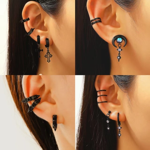 Punk Stainless Steel Spike Rivet Earring Set Gothic Black Cross Moon Ear Cuff Hip Hop Streetwear Jewelry For Women Men