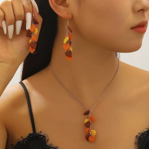 Collana E Orecchini Vintage Foglia Di Acero Autunnale Pendente In Resina Colorata In Lega Placcata Oro Gioielli Da Donna