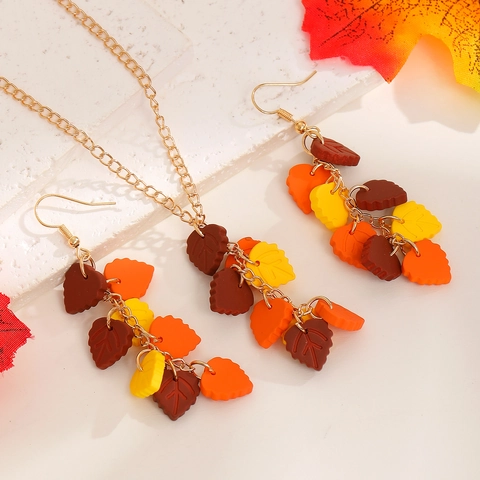 Collana E Orecchini Vintage Foglia Di Acero Autunnale Pendente In Resina Colorata In Lega Placcata Oro Gioielli Da Donna