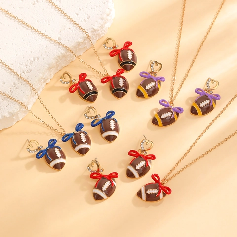 American Football Heart Bow Jewelry Kit Zinc Alloy Enamel Drip Oil Pendant Necklace Rhinestone Stud Earrings Sweet Sporty Fashion Accessory For Women Super Bowl Gift