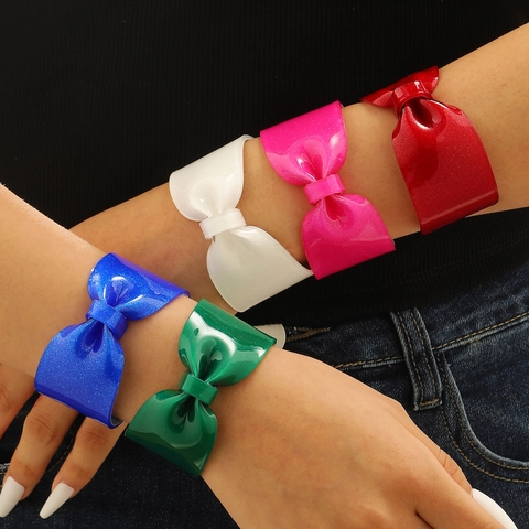 Glitter Resin Bowknot Cuff Bracelet For Women Large Bow Open Bangle Fashion Statement Wristband Jewelry Party Accessory