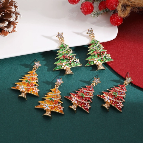 Christmas Tree Stud Earrings For Women Zinc Alloy Rhinestone Drip Oil Enamel Star Bow Festive Holiday Party Jewelry
