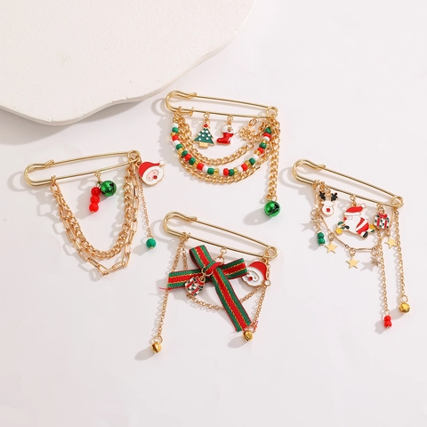 Christmas Santa Claus Enamel Brooch Zinc Alloy Rhinestone Christmas Tree Reindeer Bell Tassel Brooch Festive Party Women Jewelry Gift