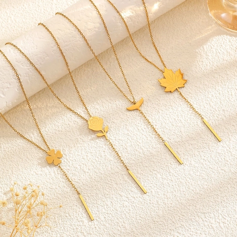 304 Stainless Steel Gold Plated Rose Maple Leaf Clover Whale Tail Y-Necklace Tassel Earrings Ring Women Jewelry Accessory
