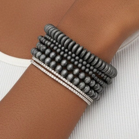 Stackable Beaded Bracelet Set For Men Women Retro Punk Matte Grey Wood Beads Rhinestone Stretch Bracelet Jewelry