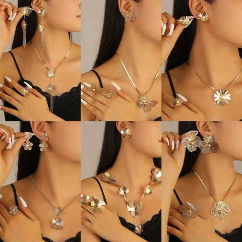 Hollow Flower Petal Pendant Necklace Earrings Ring Jewelry Set Gold Electroplated Iron Butterfly Jewelry For Women Wedding Party