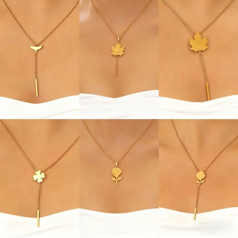 304 Stainless Steel Gold Plated Rose Maple Leaf Clover Whale Tail Y-Necklace Tassel Earrings Ring Women Jewelry Accessory