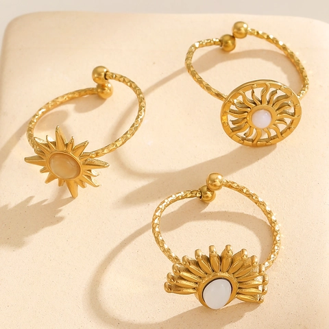 Bohemian Stainless Steel Sun Evil Eye Open Ring For Women Vintage Adjustable Celestial Sunflower Rhinestone Ring Jewelry Gift