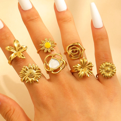 Stainless Steel Flower Leaf Open Rings For Women Gold Silver Plated Rose Daisy Sunflower Clover Adjustable Statement Jewelry