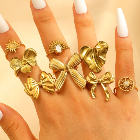 Stainless Steel Enamel Bow Heart Flower Ring 18K Gold Plated Vintage Elegant Adjustable Open Band Jewelry For Women Gift