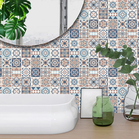 Pegatinas de Azulejos con Patrón Geométrico Vintage Impermeable PVC Autoadhesivo Calcomanías de Pared para Cocina Baño Decoración del Hogar