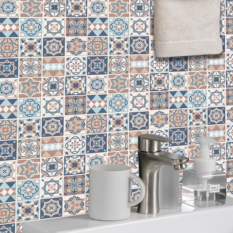 Pegatinas de Azulejos con Patrón Geométrico Vintage Impermeable PVC Autoadhesivo Calcomanías de Pared para Cocina Baño Decoración del Hogar