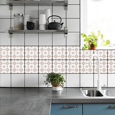 Vintage PVC Wasserdicht Selbstklebend Fliesenaufkleber Braun Beige Geometrisch Floral Wandtattoos Für Küche Badezimmer Deko