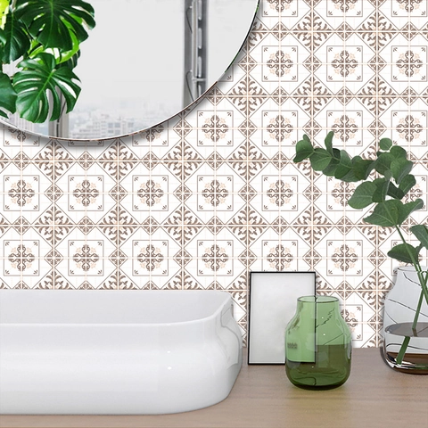 Vintage PVC Wasserdicht Selbstklebend Fliesenaufkleber Braun Beige Geometrisch Floral Wandtattoos Für Küche Badezimmer Deko