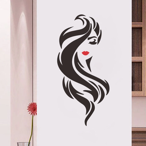 Modern Minimalistisch Vrouwelijk Silhouet Muursticker Lang Haar Rode Lippen PVC Decoratie Voor Kapsalon Slaapkamer Woonkamer