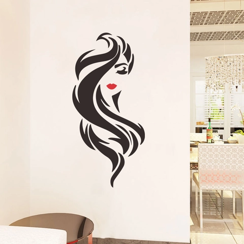 Modern Minimalistisch Vrouwelijk Silhouet Muursticker Lang Haar Rode Lippen PVC Decoratie Voor Kapsalon Slaapkamer Woonkamer