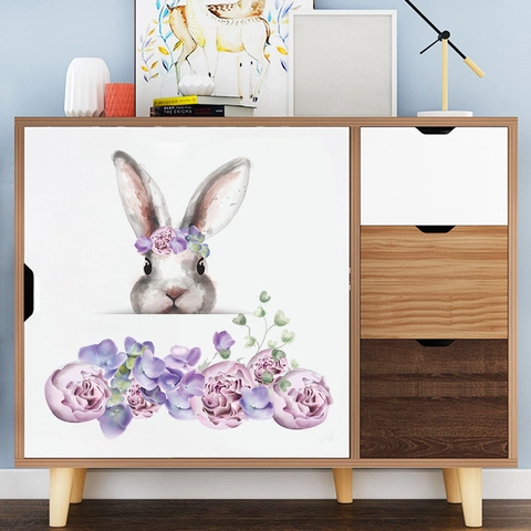 Adesivo da Parete a Acquerello Con Coniglio Cartone Animato e Fiori per Camera da Letto Armadio Decalcomania Decorativa