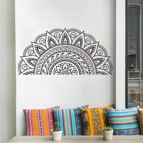 Mandala Halbkreis Wandaufkleber PVC Ethno Stil Schwarz Linienkunst Wandbild Aufkleber Für Schlafzimmer Wohnzimmer Dekoration
