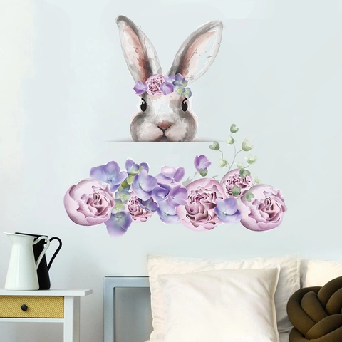 Adesivo da Parete a Acquerello Con Coniglio Cartone Animato e Fiori per Camera da Letto Armadio Decalcomania Decorativa