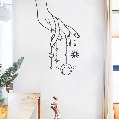 Minimalistisch Schwarz Linienkunst Wandaufkleber Hand Mond Stern Planet PVC Dekor Für Schlafzimmer Wohnzimmer Wandtattoo
