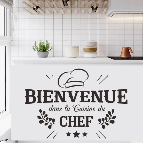 French Kitchen Wall Stickers Bienvenue Dans La Cuisine Du Chef Quotes Vinyl Decals Chef Hat Pattern DIY Wall Decor For Dining Room Restaurant