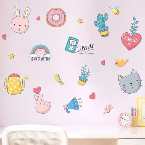 Pegatinas De Pared De Animales De Dibujos Animados Para Dormitorio Infantil Decoración PVC Impermeable Removible Arcoíris Conejo Gato