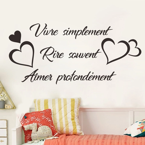 Citazione Francese Vivre Simplement Rire Souvent Aimer Profondément Adesivo da Parete PVC Cuore Decorazione Casa