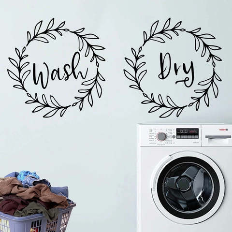 Stickers Minimaux en PVC pour Buanderie Ensemble Wash And Dry Couronne de Fleurs Stickers Muraux Imperméables pour Machine à Laver