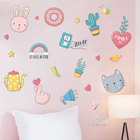 Pegatinas De Pared De Animales De Dibujos Animados Para Dormitorio Infantil Decoración PVC Impermeable Removible Arcoíris Conejo Gato