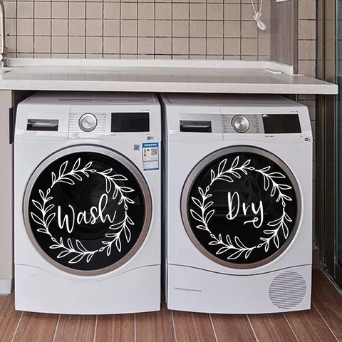 Stickers Minimaux en PVC pour Buanderie Ensemble Wash And Dry Couronne de Fleurs Stickers Muraux Imperméables pour Machine à Laver