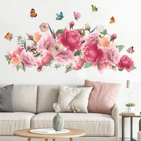 Pegatinas De Pared Peonía Acuarela Rosa Mariposa PVC Removible Autoadhesivo Calcomanía De Pared Para Dormitorio Sala De Estar